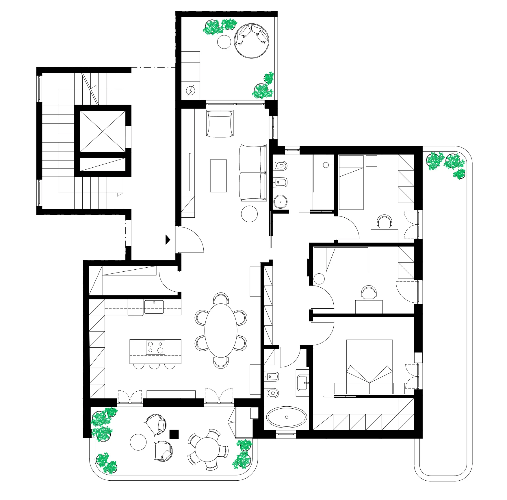 Project plan of Appartamento Alfieri, with kitchen open to the living room, three bedrooms and two bathrooms