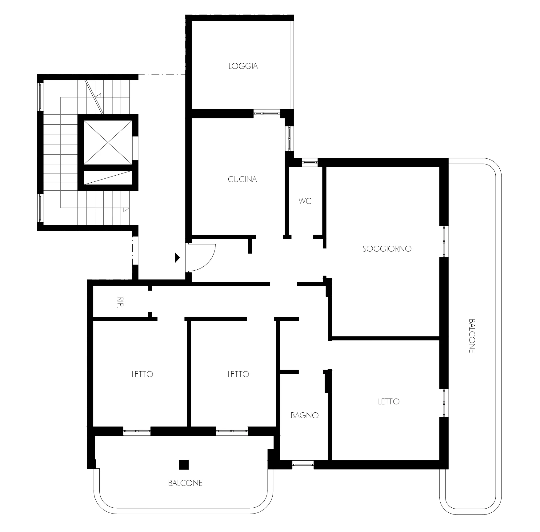 Floor plan of existing layout of Appartamento Alfieri, with the kitchen closed in a separate room