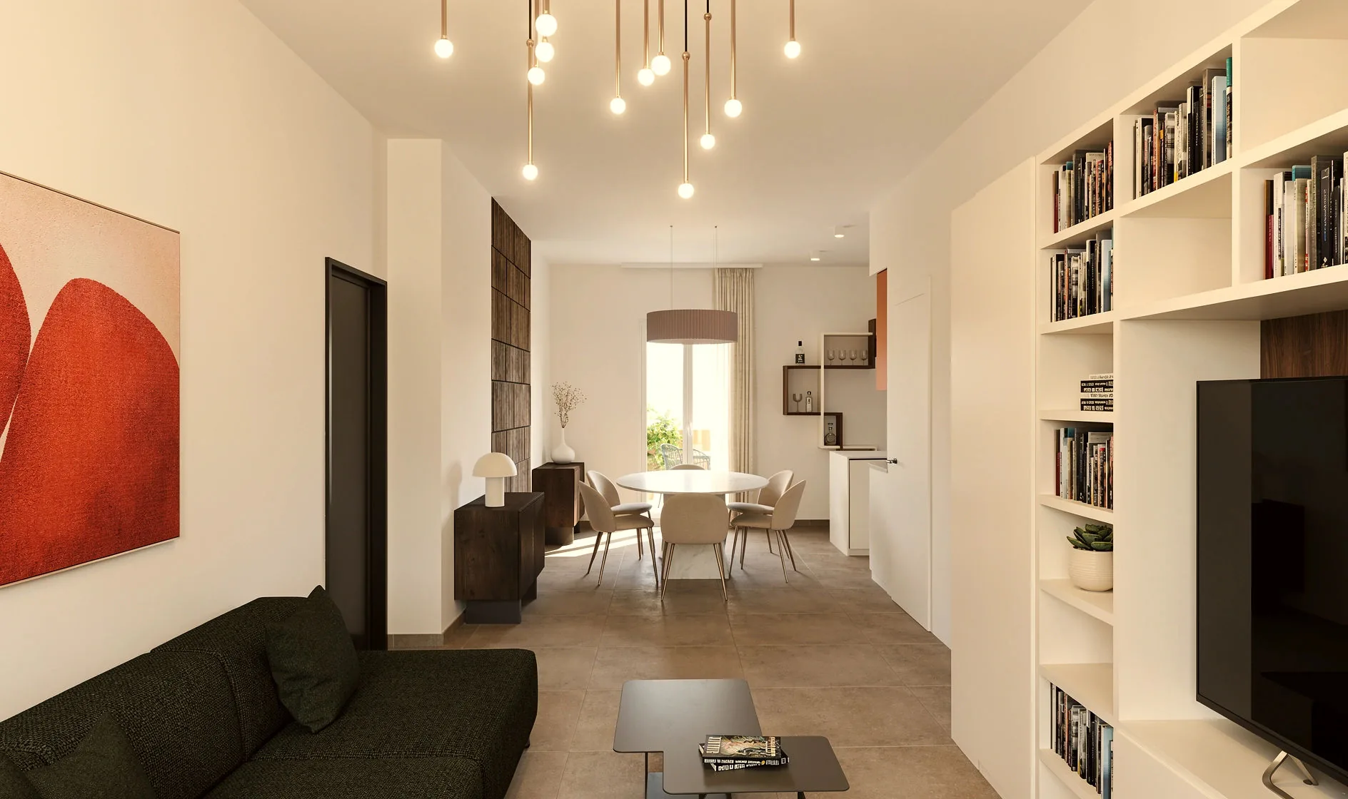 Rendering of the unique living room, with full-wall bookcase and dining area at the back