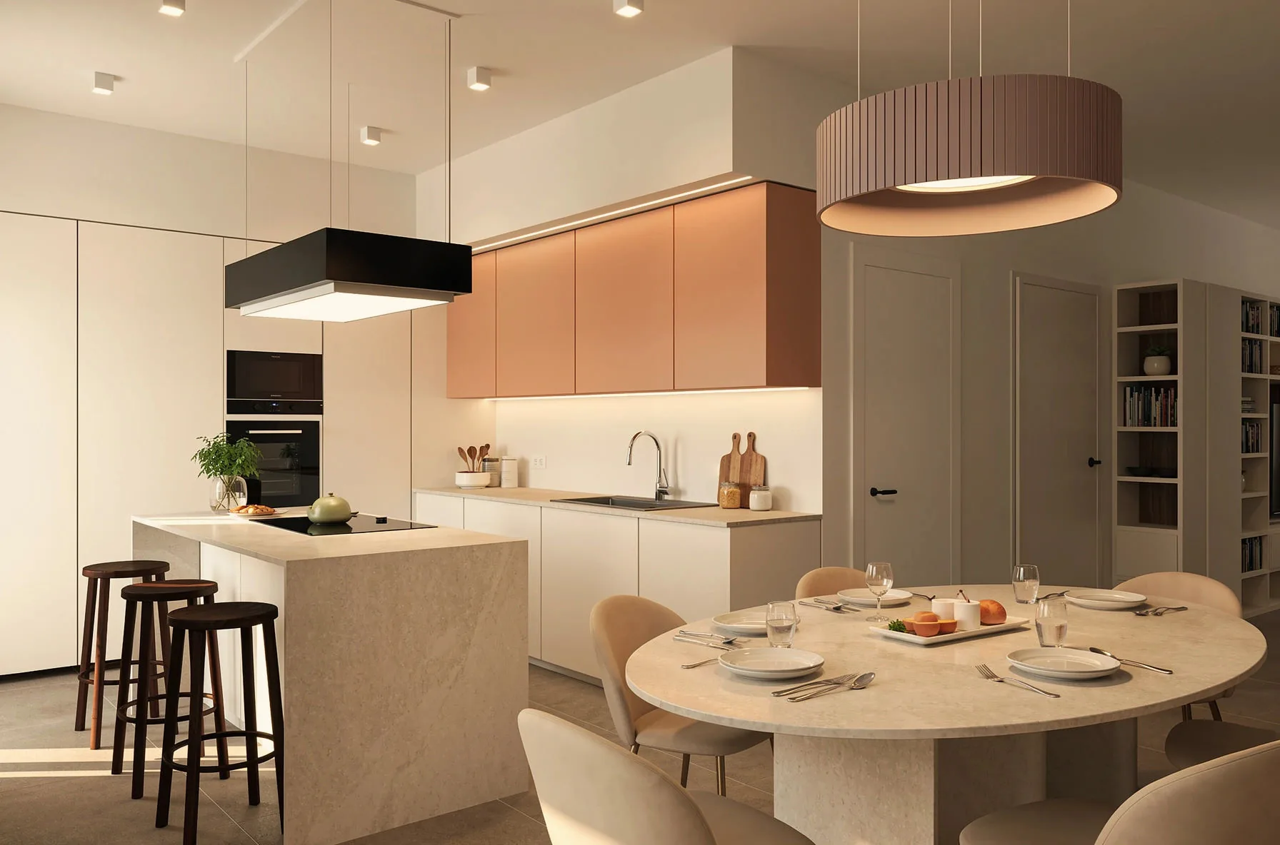 Rendering of the custom kitchen with island and round table