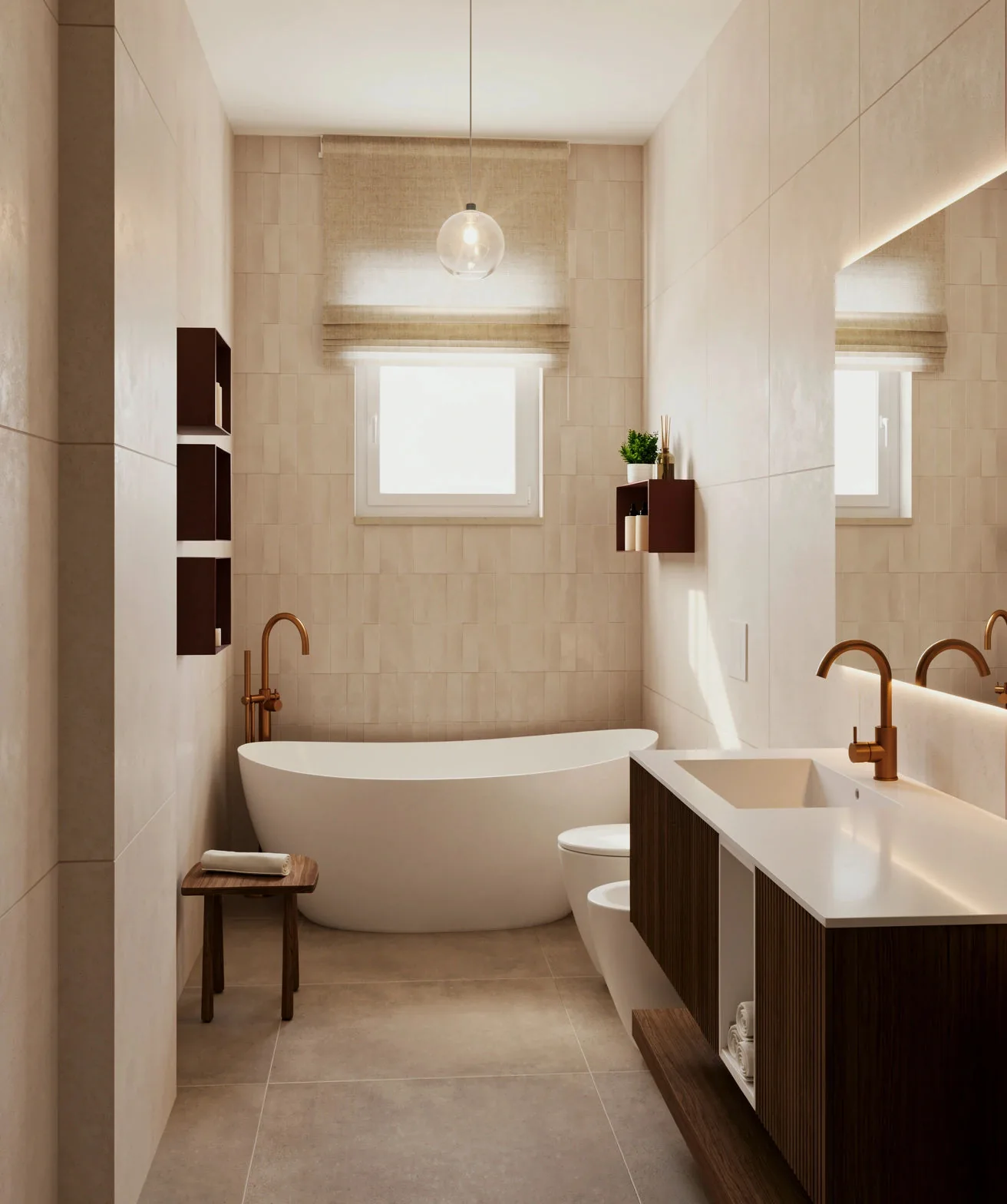 Rendering of the bathroom with freestanding tub and brass taps