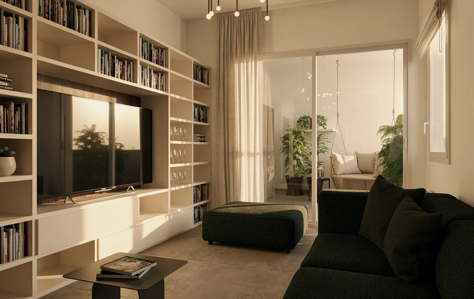 Rendering of the living room with green sofa and custom bookcase wall