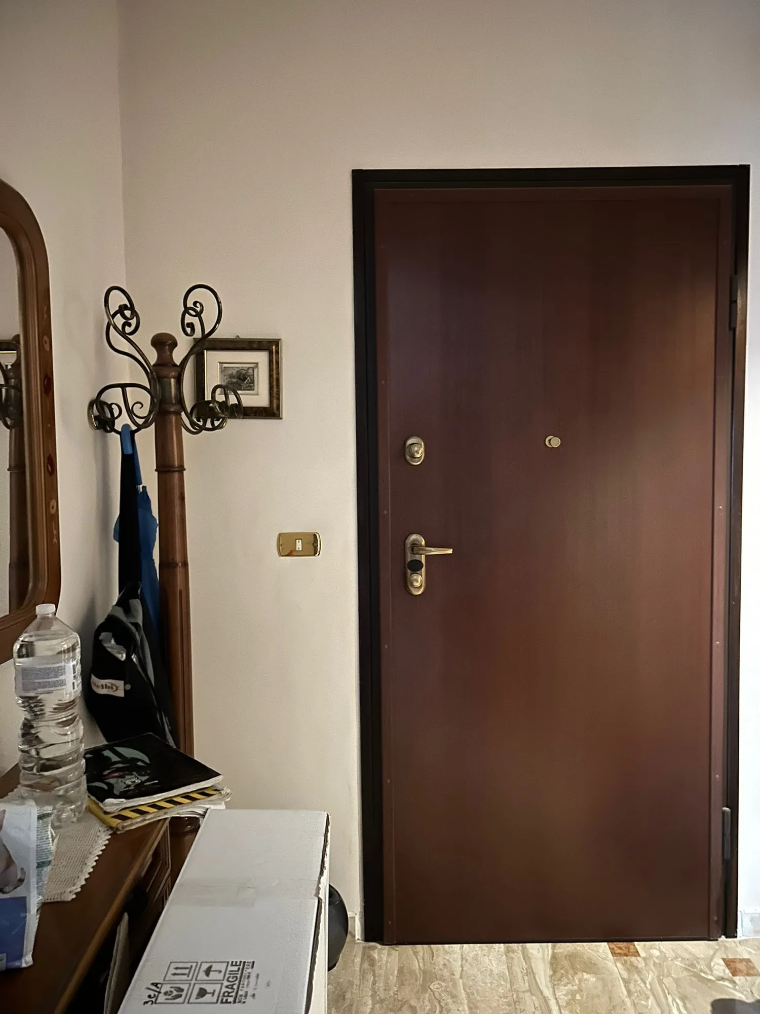 Entrance before the works, with dark door and pre-existing furnishings