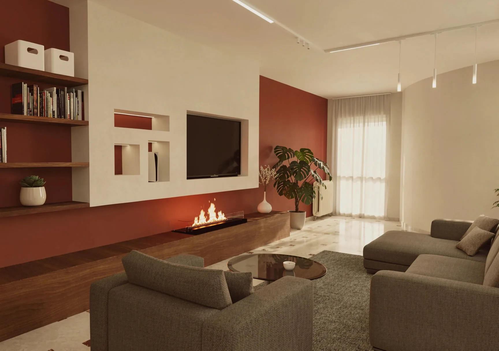 Rendering of the equipped terracotta wall, with integrated fireplace and niches