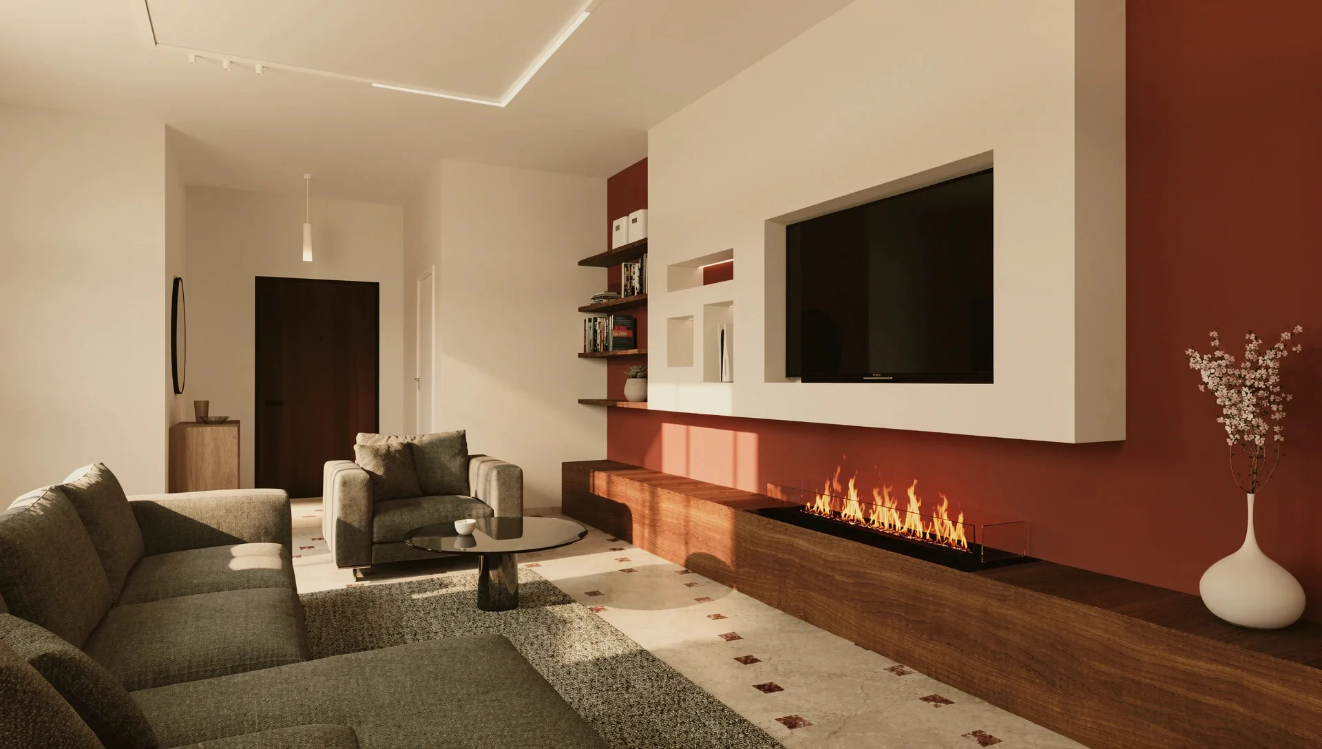 Rendering of the living room with the fireplace lit in the custom-made equipped wall