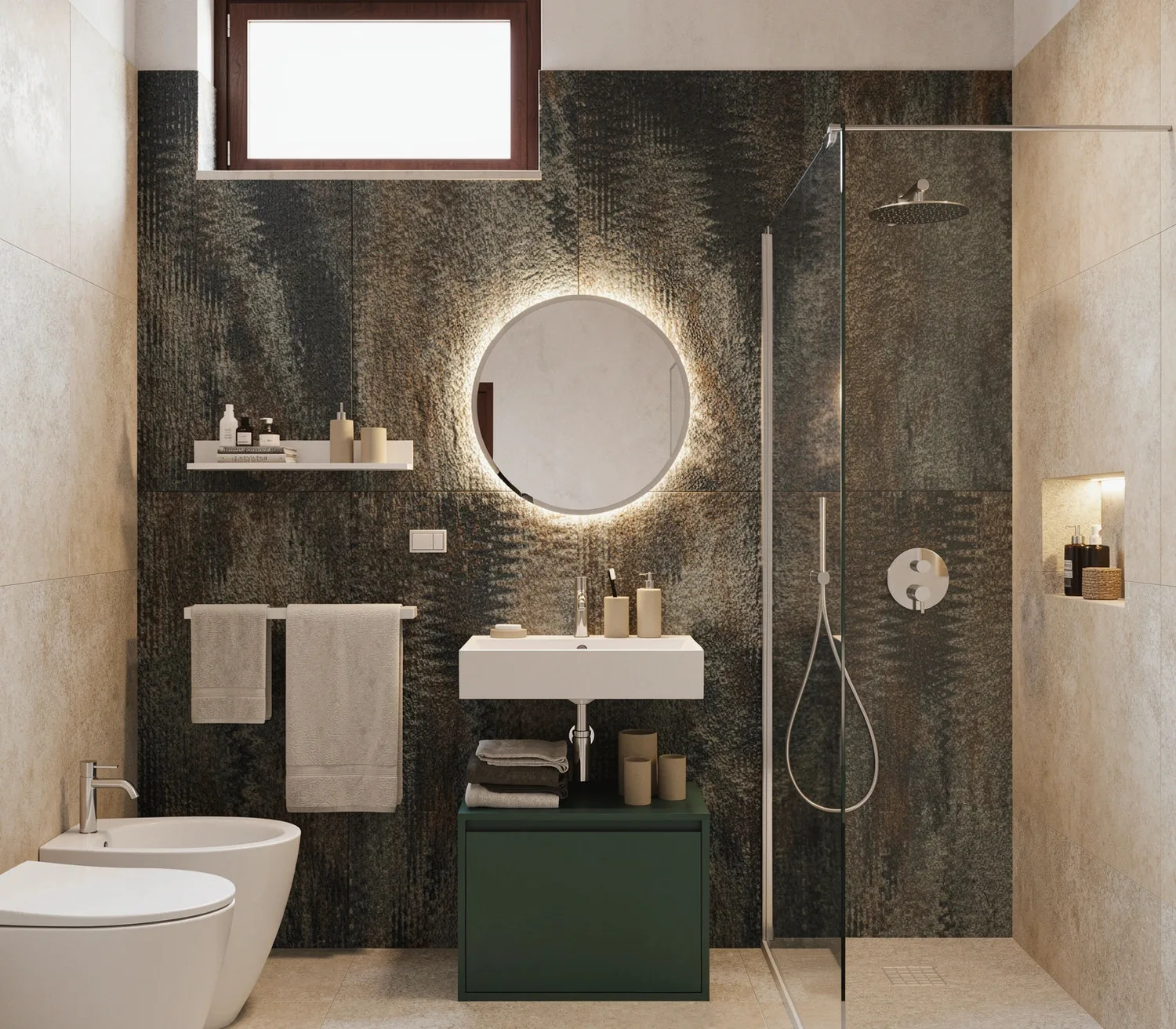 Render di progetto del bagno, con rivestimenti scuri e mobile lavabo verde