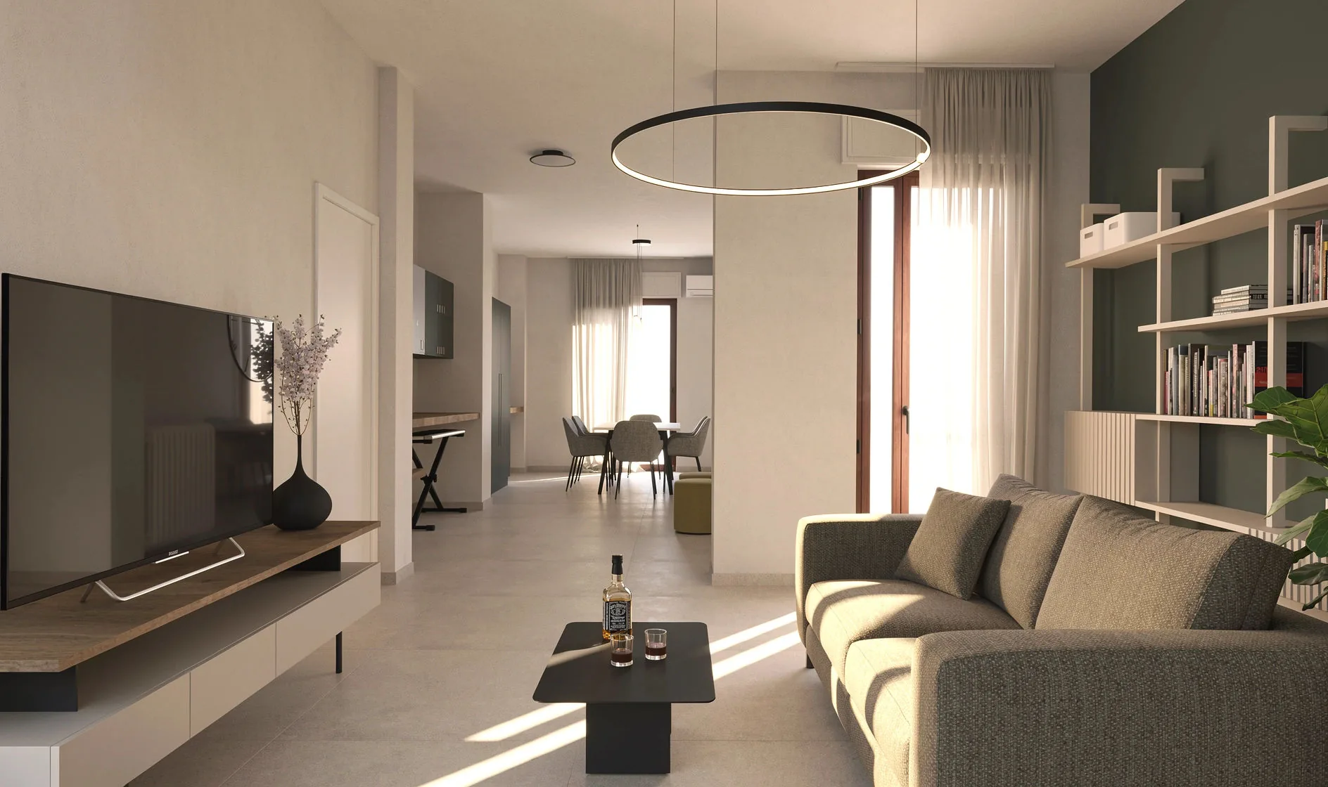 Rendering of the living room with green equipped wall and circular lamp