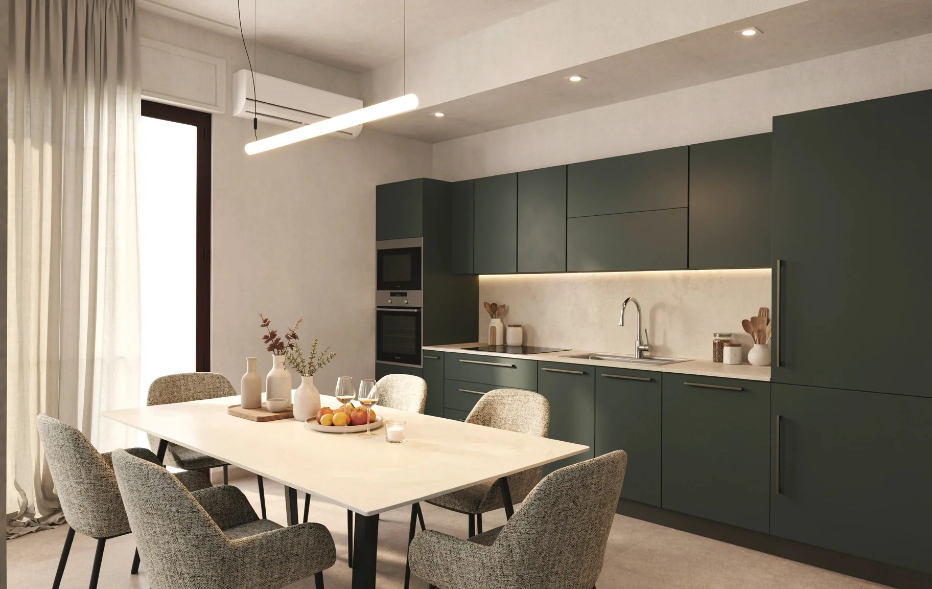 Rendering of the dining area with the dark green kitchen in the background
