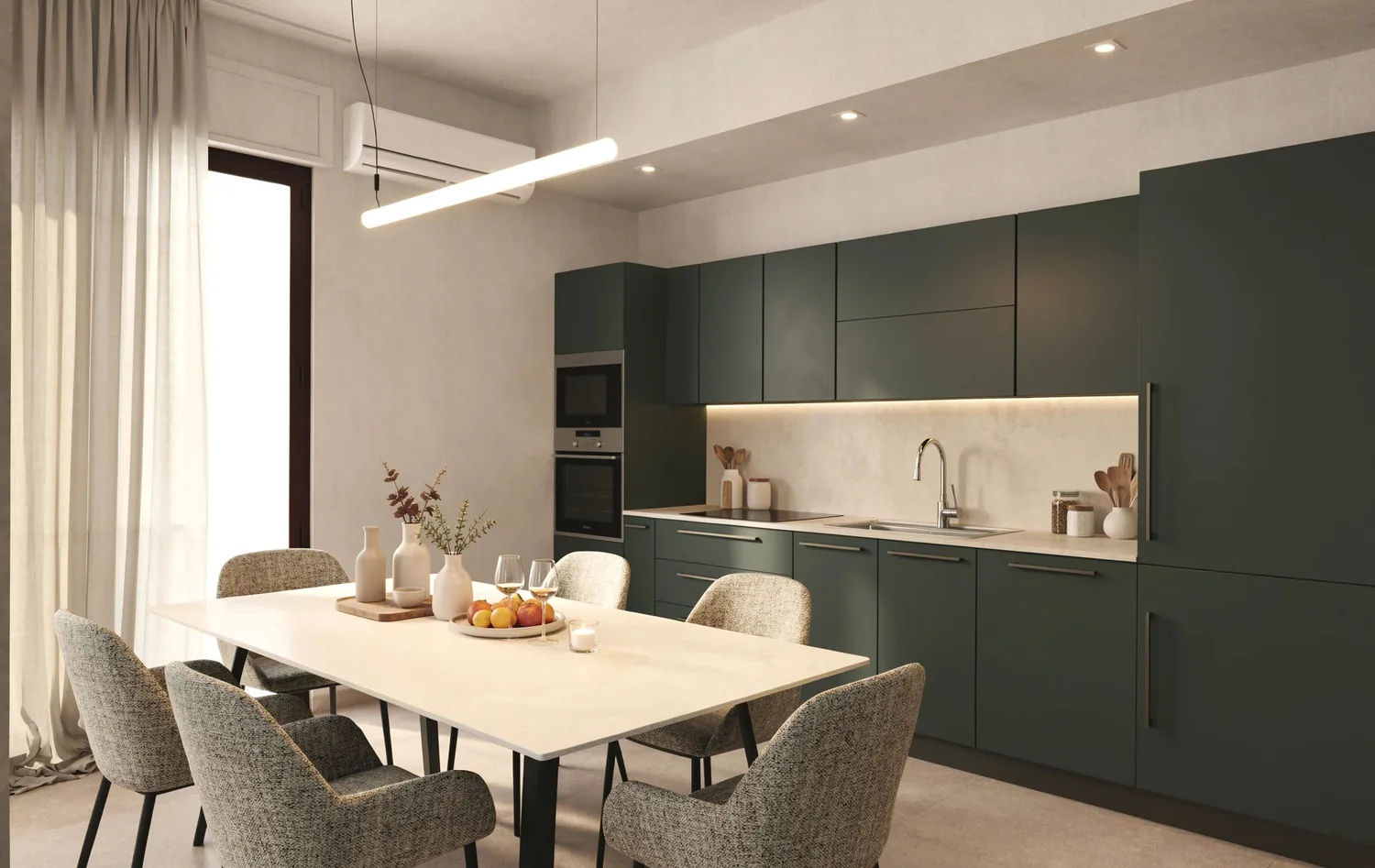 Render di progetto della zona pranzo, con tavolo chiaro e cucina verde scuro