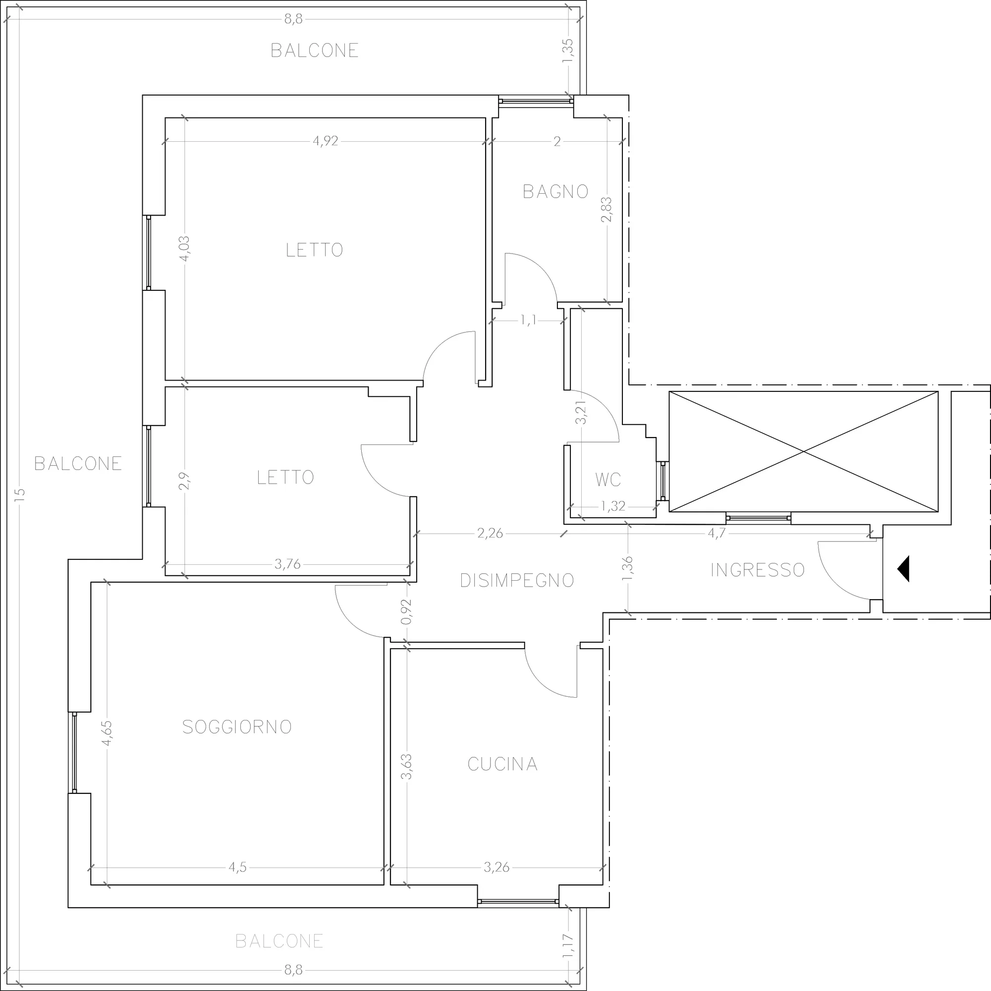 Floor plan of existing layout of Casa Trento, with separate living room and kitchen
