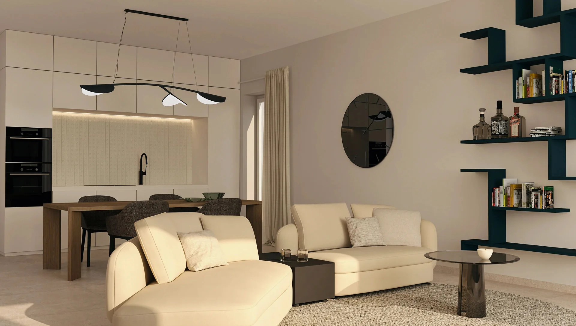 Project rendering of the new open space, with custom-made bookcase and integrated kitchen