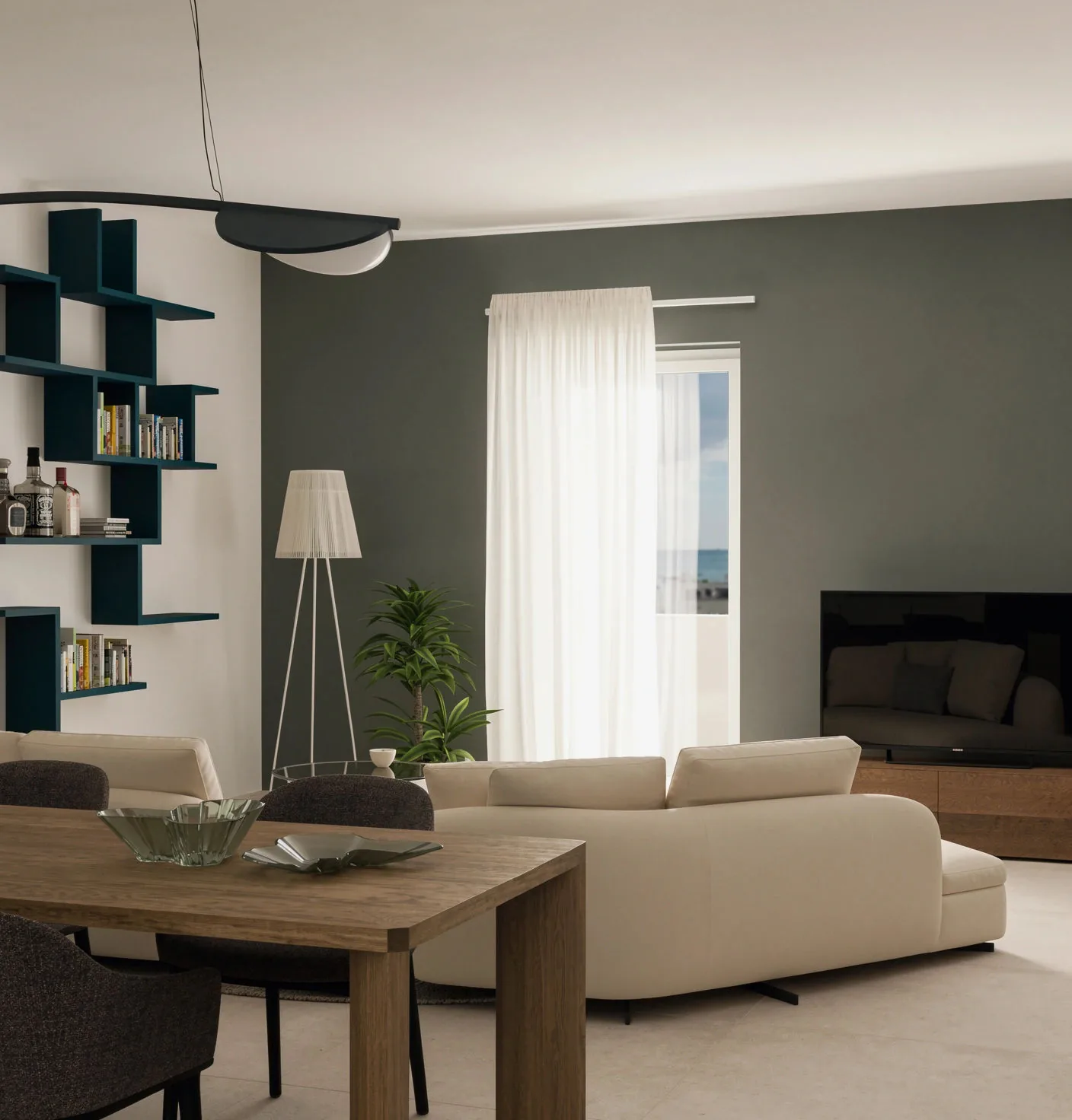Rendering of the living room with sage green wall and overlooking the sea