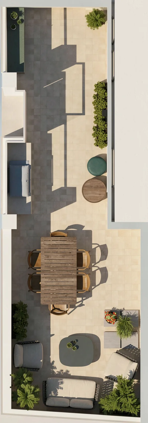 Pianta di progetto del terrazzo, con zona pranzo, area relax e postazione barbecue