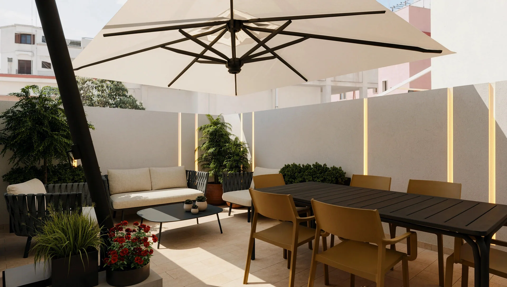 Rendering of the dining area under the umbrella, with seats and wall screening