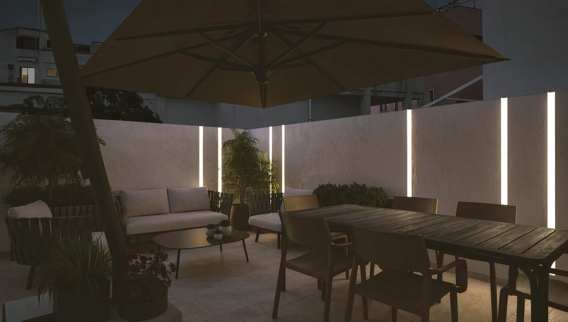 Night rendering of the outdoor space, with lighting integrated into the shielding