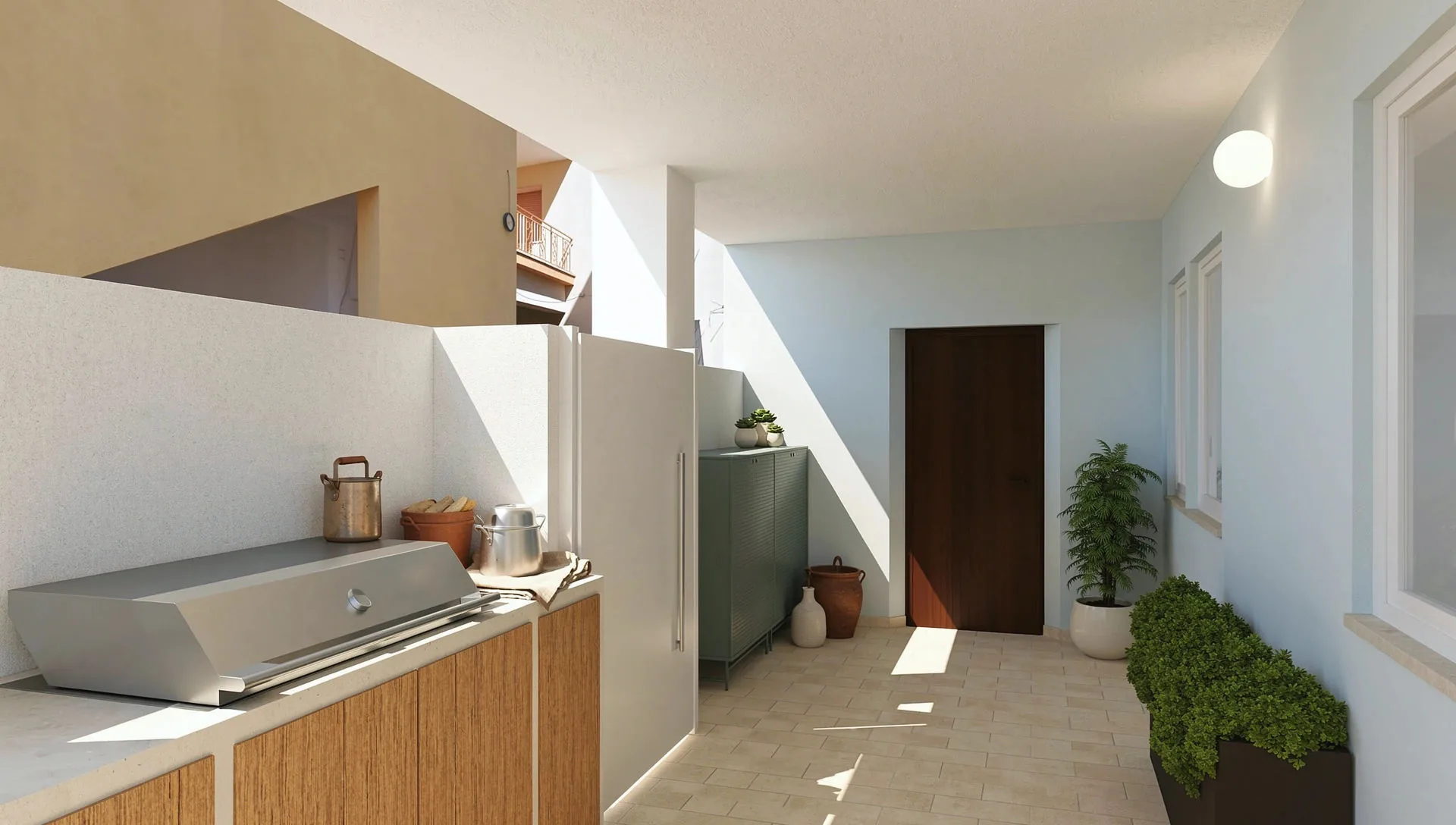 Rendering of the external kitchenette, with equipped surface and green barrier